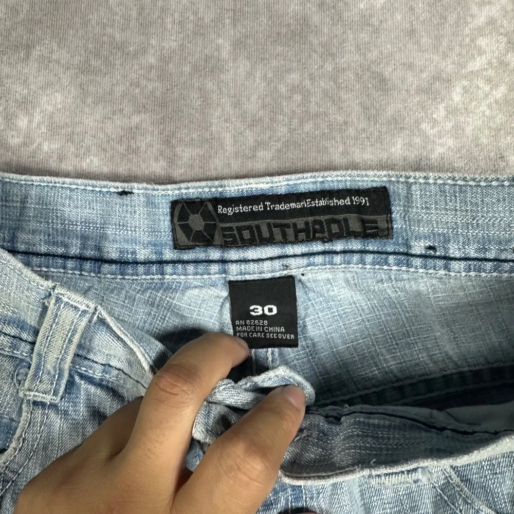 Southpole Mens Baggy Denim Shorts Distressed Blue Y2K Skater Carpenter Jorts 30